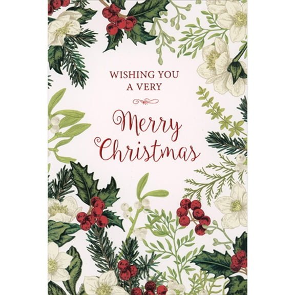 Pictura Wishing You a Very: Red, White and Green Mistletoe, Holly Berries and Flower Border Christmas Card