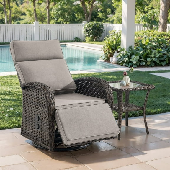 Gymojoy Outdoor 2-Piece Swivel Rattan Recliner Chairs Set, 360° Patio Wicker Chaise Lounge Chair with Adjustable Backrest & Footrest, Side Table & Cushions for Outside Porch & Backyard,Beige