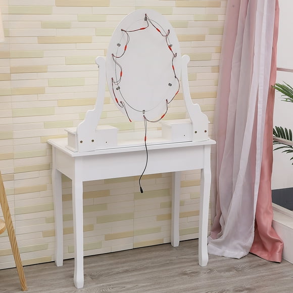 Modern Makeup Vanity Desk with Lighted Oval Mirror – 5 Large Drawers – Cushioned Stool – Ideal for Bedroom, Girls, Women, Kids – White with Light USA