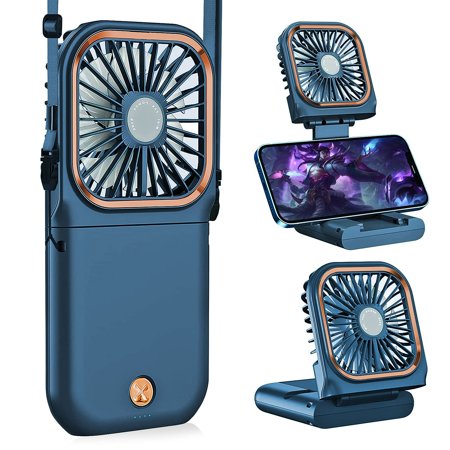 

IMMEKEY Handheld Personal Necklace Fan Foldable Mini Quiet USB Rechargeable With Mobile phone bracket 3000mAh Power Bank Fans-Blue