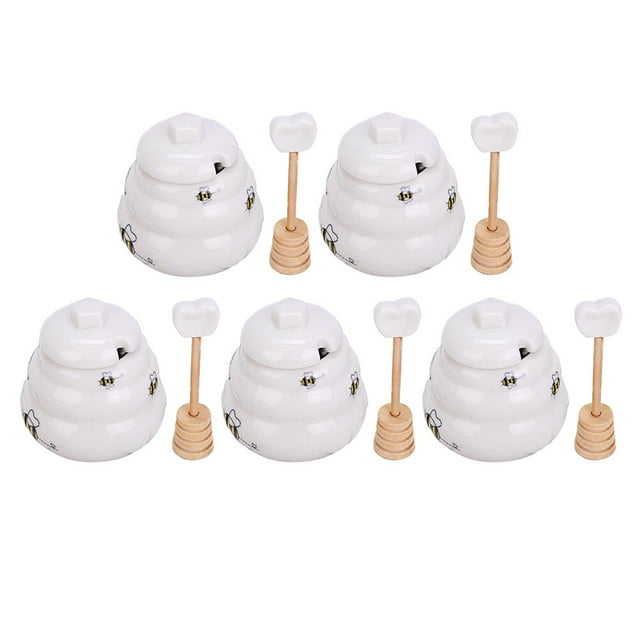 Miangastore 5PCS Ceramic Honey Pot Creative Jam Jar Set with Dipper and Lid for Home Kitchen Gift