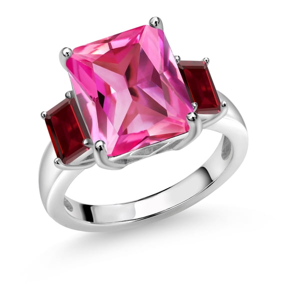 Gem Stone King 8.20 Ct Octagon Pink Created Sapphire Red Garnet 925 Sterling Silver 3-Stone Ring (Size 9)