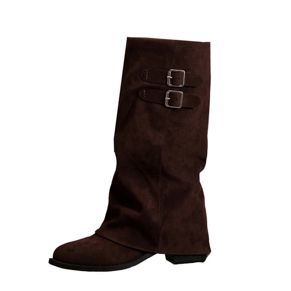 Xfvqtps Knee High Boots for Women Fold over Chunky Low Heel Double Buckle Strap Suede Tall Boots
