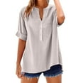 thumbnail image 5 of Ashyfjp Womens Tops Fashion Loose-Fit Solid-Color Elbow Sleeve V-Neck Button-Down Shirt Top with Pockets, XXXXXL, 5 of 7
