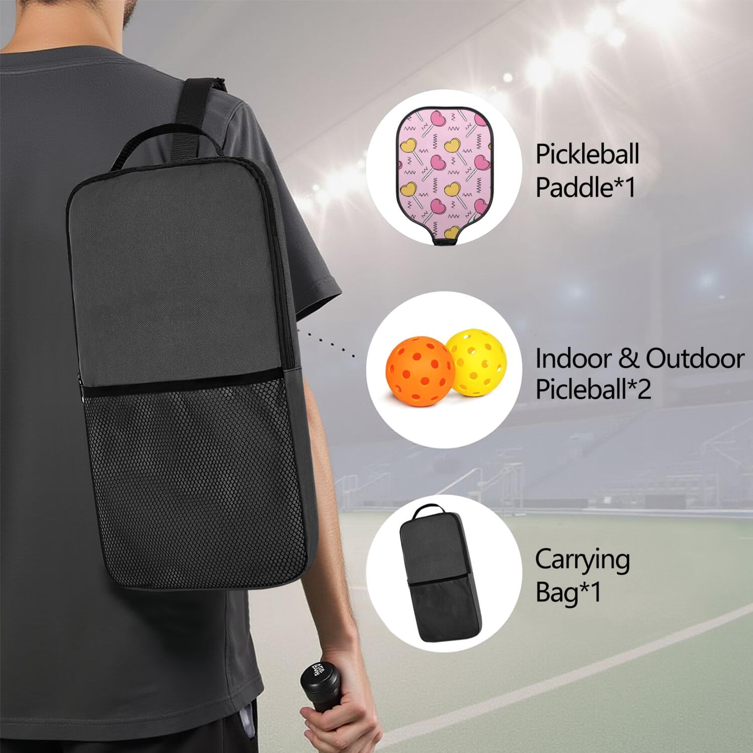 Pickleball Paddles Set Of 1, Fiberglass Surface, Sweet Candy Print, 1 Paddle, 2 Balls & Bag