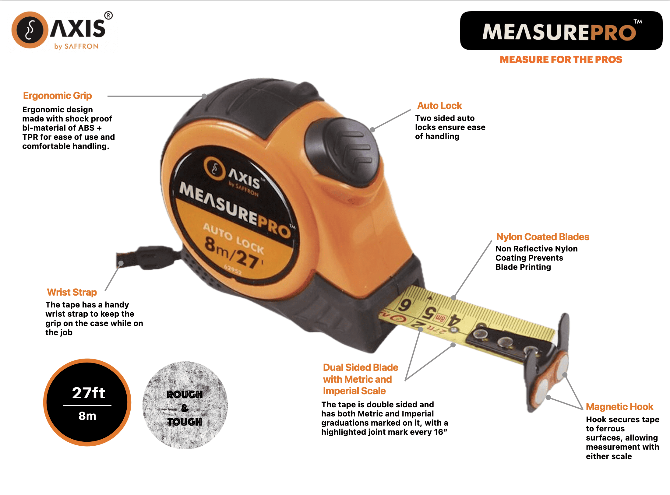 AXIS® MEASUREPRO™ 25mm Dual-Sided Tape Measure with Magnetic Hook, 2 Stop Autolocks, 8m/27ft