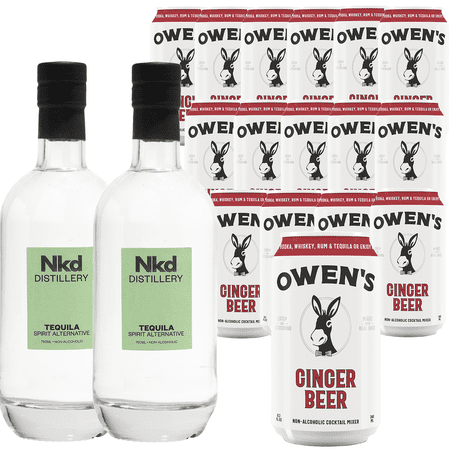 Nkd Distillery Tequila Alternative Premium Non-Alcoholic Spirit 750 ML Bottles w Owen’s Mixers Ginger Beer 8.2 OZ Cans - Perfect for Mocktails - A