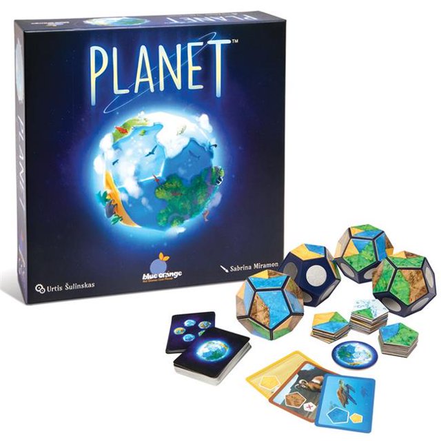 Blue Orange Planet Card Game, a multicolour family board game for 2-4 players ages 8 and up. The image displays the game box with a planet design surrounded by animals and ecosystems, along with 3D planet models, continent tiles, animal cards, and instruction cards. This classic strategy game teaches ecosystems and offers approximately 25 minutes of playtime.