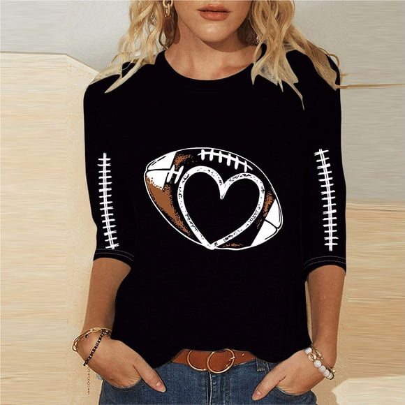 Heisall Womens Tops 3/4 Sleeve Round Neck Loose Casual Fashion T-Shirts Rugby Print