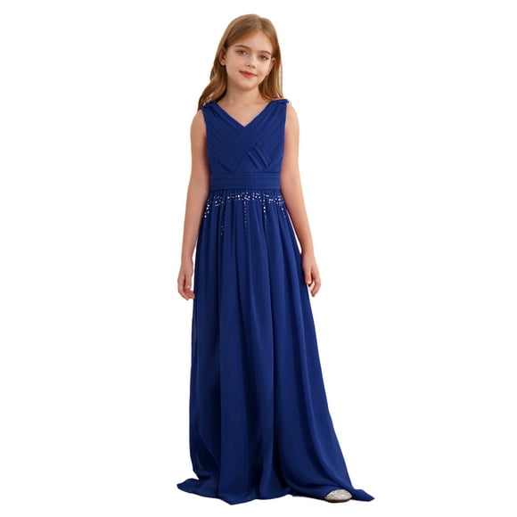 inhzoy Beaded Ruched Chiffon Junior Bridesmaid Long Dress Sleeveless Flower Girl Maxi Dress Party Ball Gown Blue 14
