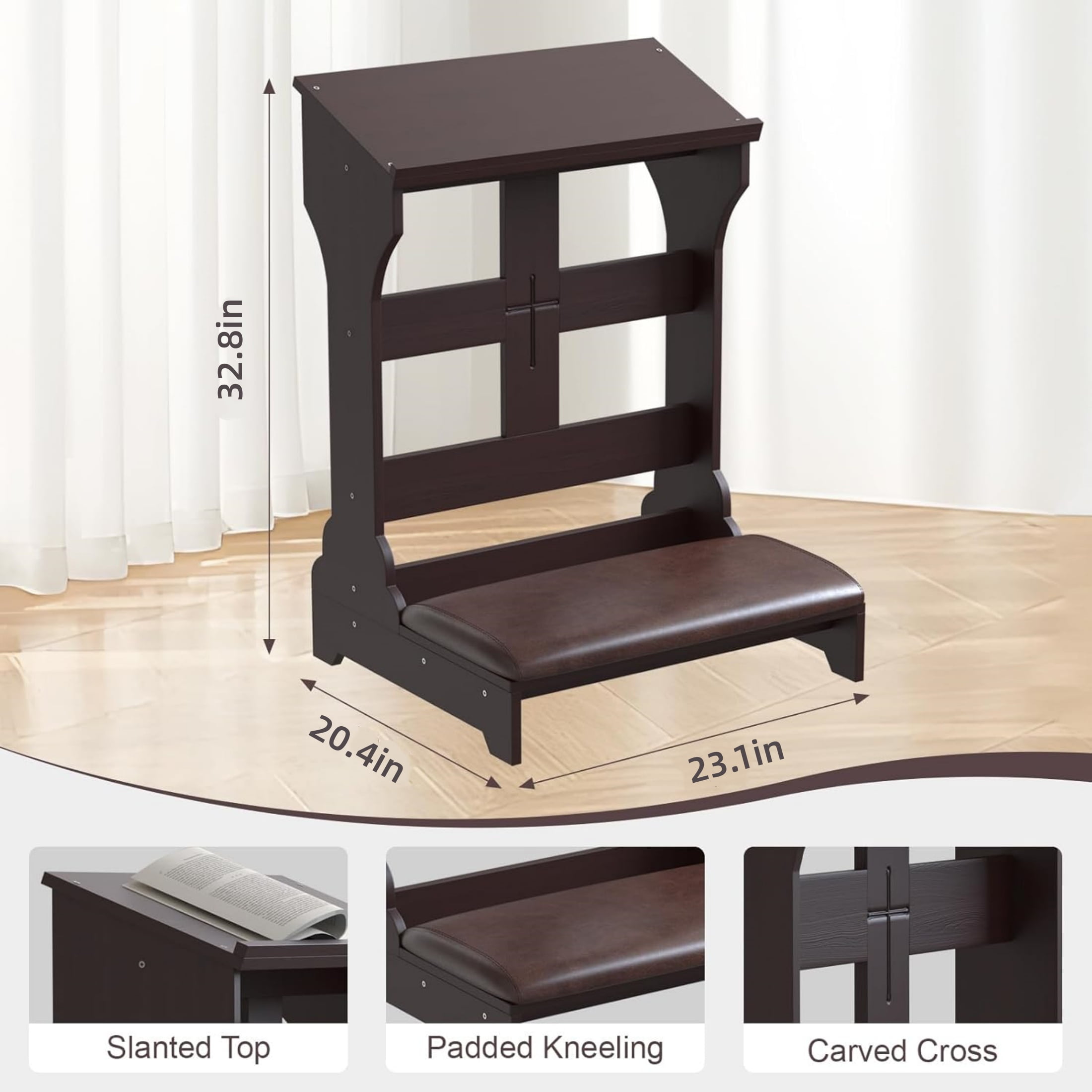 Gtouse Prayer Bench, Padded Prayer Kneeler with Book Shelf and Cushion, Prayer Table Chair Stool for Home & Church, 23.1" x 20.4" x 32.8"