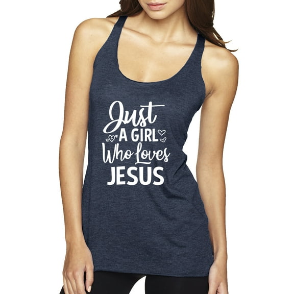 Wild Bobby Just A Girl Who Loves Jesus Inspirational/Christian Women Tri-Blend Racerback Tank Top, Vintage Navy, Small