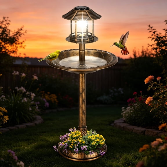 Ktaxon 41" Bird Bath Resin Pedestal Birdbaths with Solar Light  Antique Sculpture Finish Garden Decor Bronze