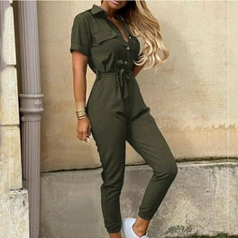 Dressy Jumpsuits for Women Short Sleeve One-Piece Short Rompers V Neck  Elastic Waist Belted Baggy Summer Shorts Overalls 