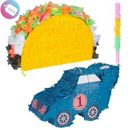 Active Mind Ltd Race Car & Taco Piñata Set with Bat - 16/17 inch Kids Birthday Party Supplies, Candy Container for Taco Fiesta, Mexican Bash, Cinco de Mayo Favors