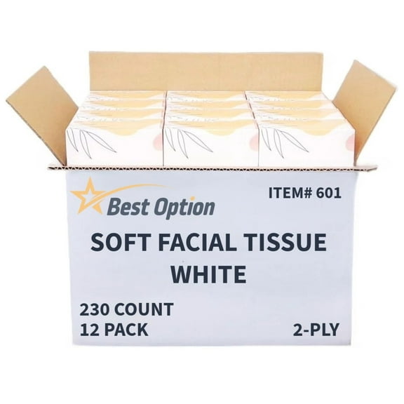 Best Option Soft 2-Ply Facial Tissue, White, 230-Count Box, Gentle and Durable (2,760 Tissues, Bulk Pack of 12-Boxes)