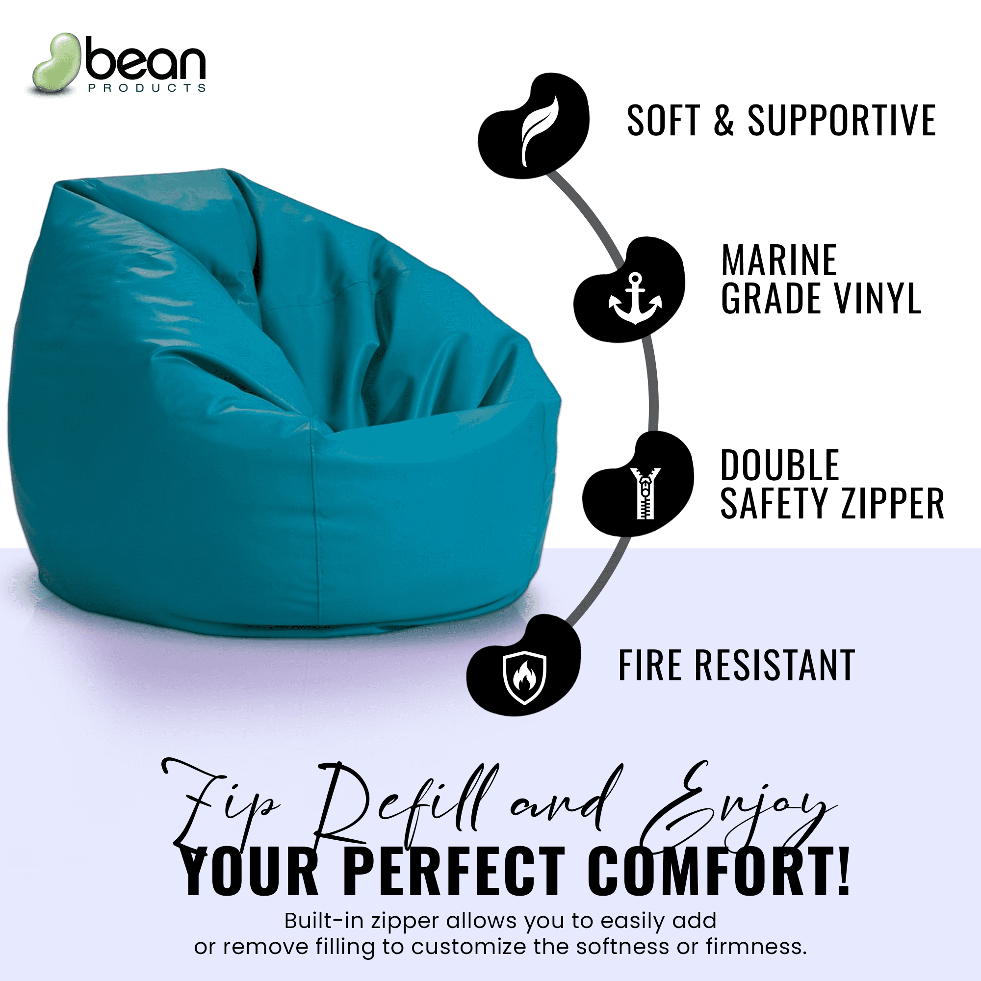 Vinyl Marine Boat 33x31x20" Bean Bag Chair Cover - Retro Style Weatherproof Lazy Sofa Cover for Kids and Adults - Washable Bean Bag Cover without Fill, Black