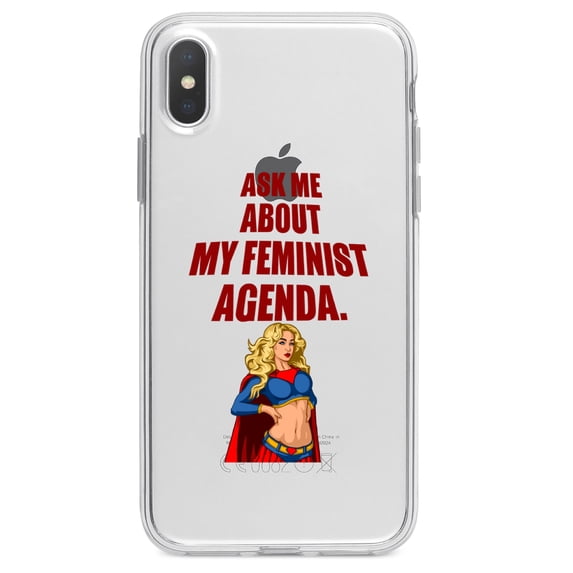 DistinctInk Clear Shockproof Hybrid Case for iPhone XS Max (6.5" Screen) - TPU Bumper Acrylic Back Tempered Glass Screen Protector - Ask Me About My Feminist Agenda