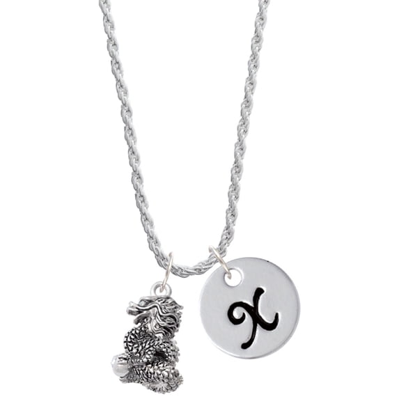Delight Jewelry Silvertone Dragon with AB Crystal Eyes & Clear Ball Silvertone Script Initial Disc - X - Charm Necklace, 20"+3"