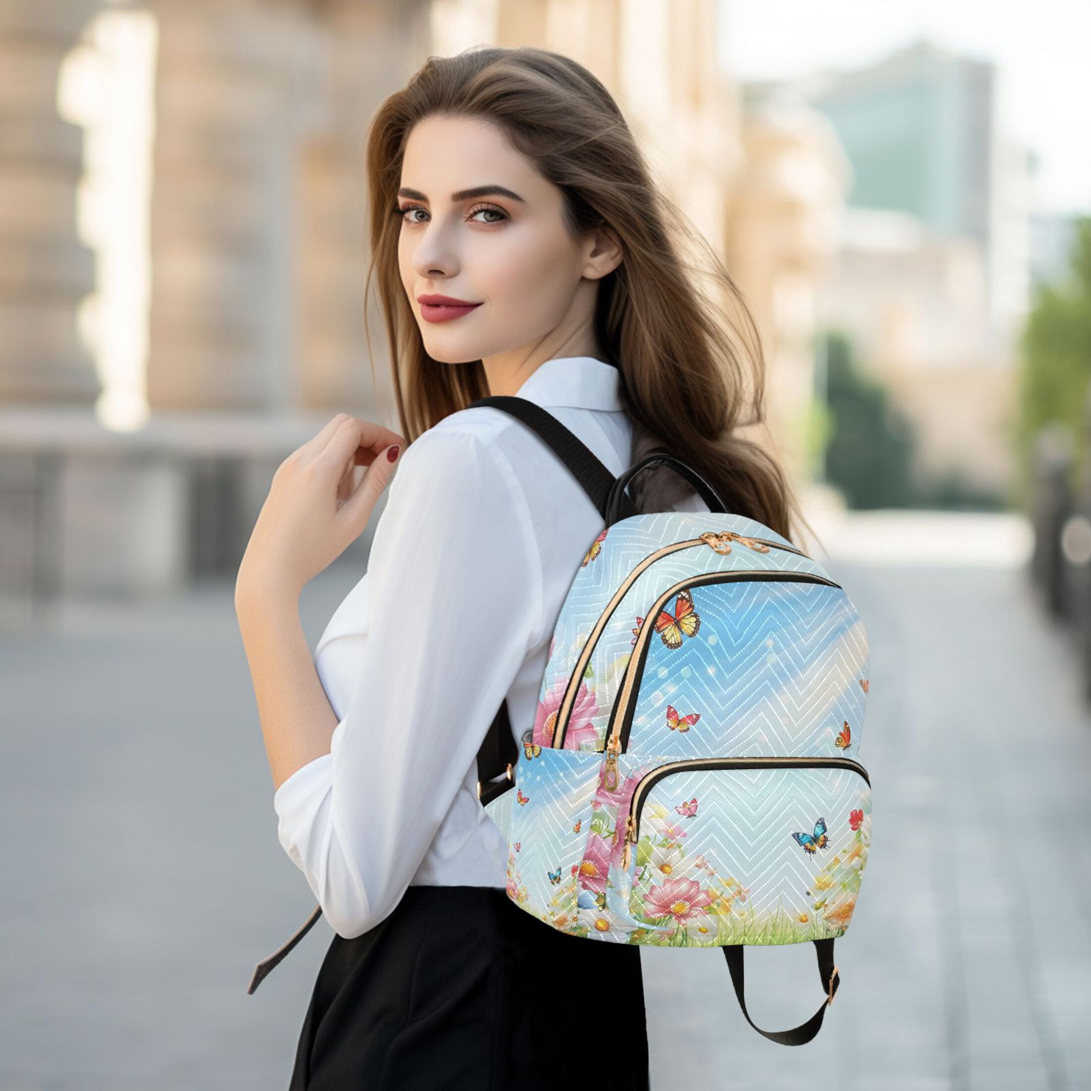 Flowers Butterfly Sunshine Spring Quilted Backpack Fashion Daypack Commuter Bag for Women 14 L