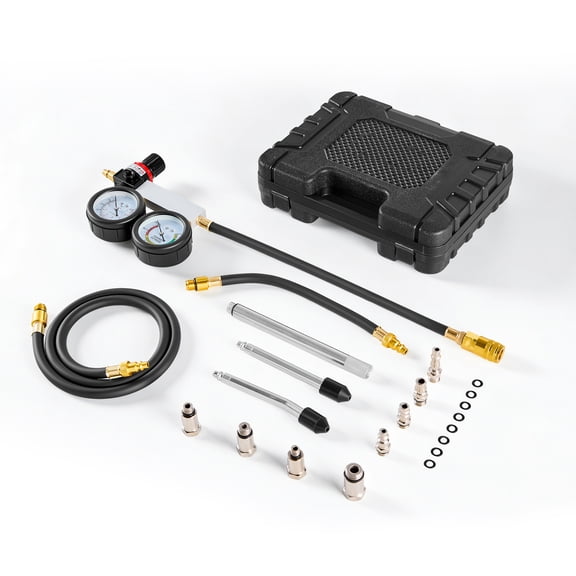 KFFKFF Engine Cylinder Compression Tester Kit, Pressure Gauge Range 0-100 PSI, Automotive Leak Down Tester Set with 4 Adapters, 2 Metal Tubes, Ideal for Pressure and Leakage Testing on Cars