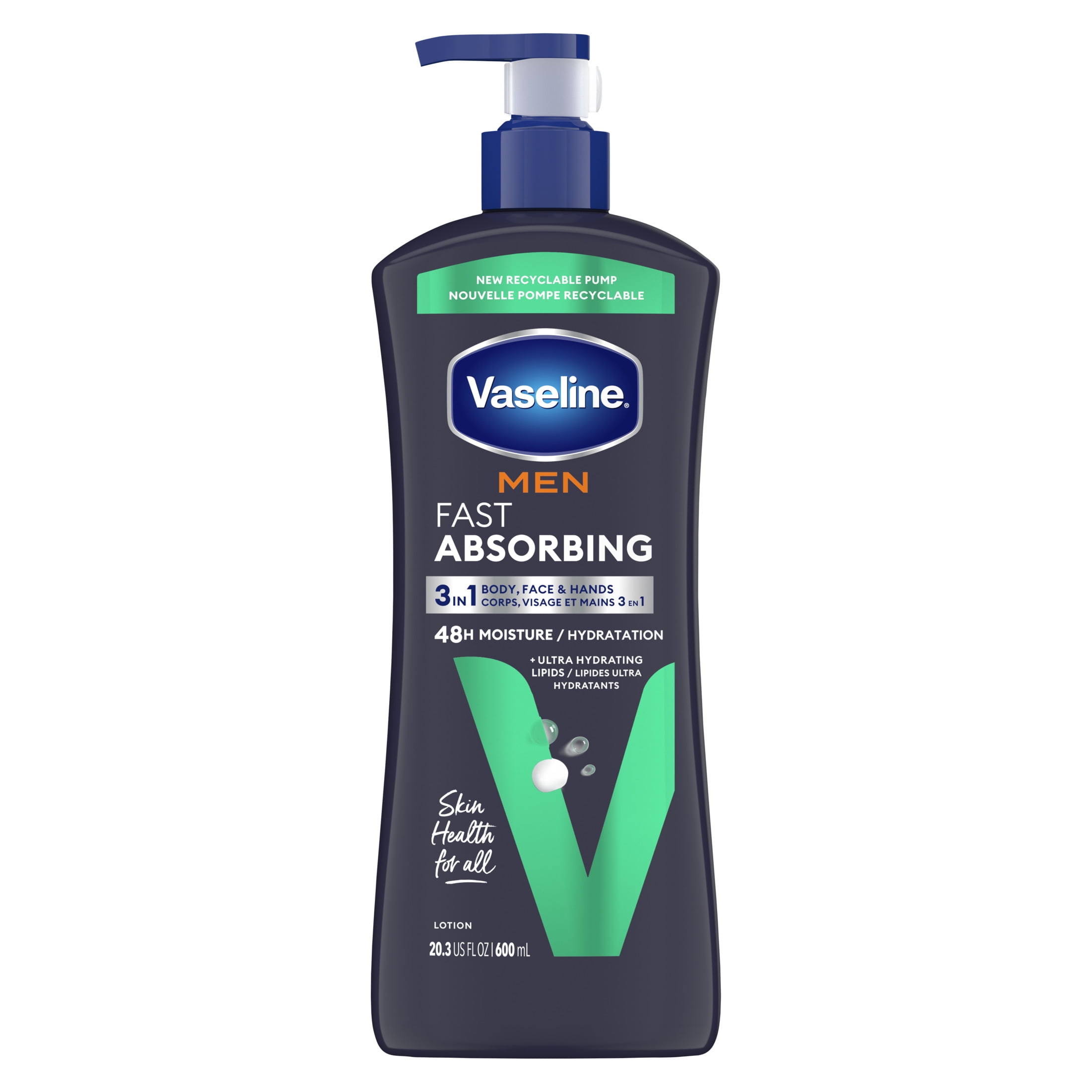 (4 pack) Vaseline Men Fast Absorbing 3-in-1 Face, Hands & Body Lotion for Men Dry Skin, 20.3 oz