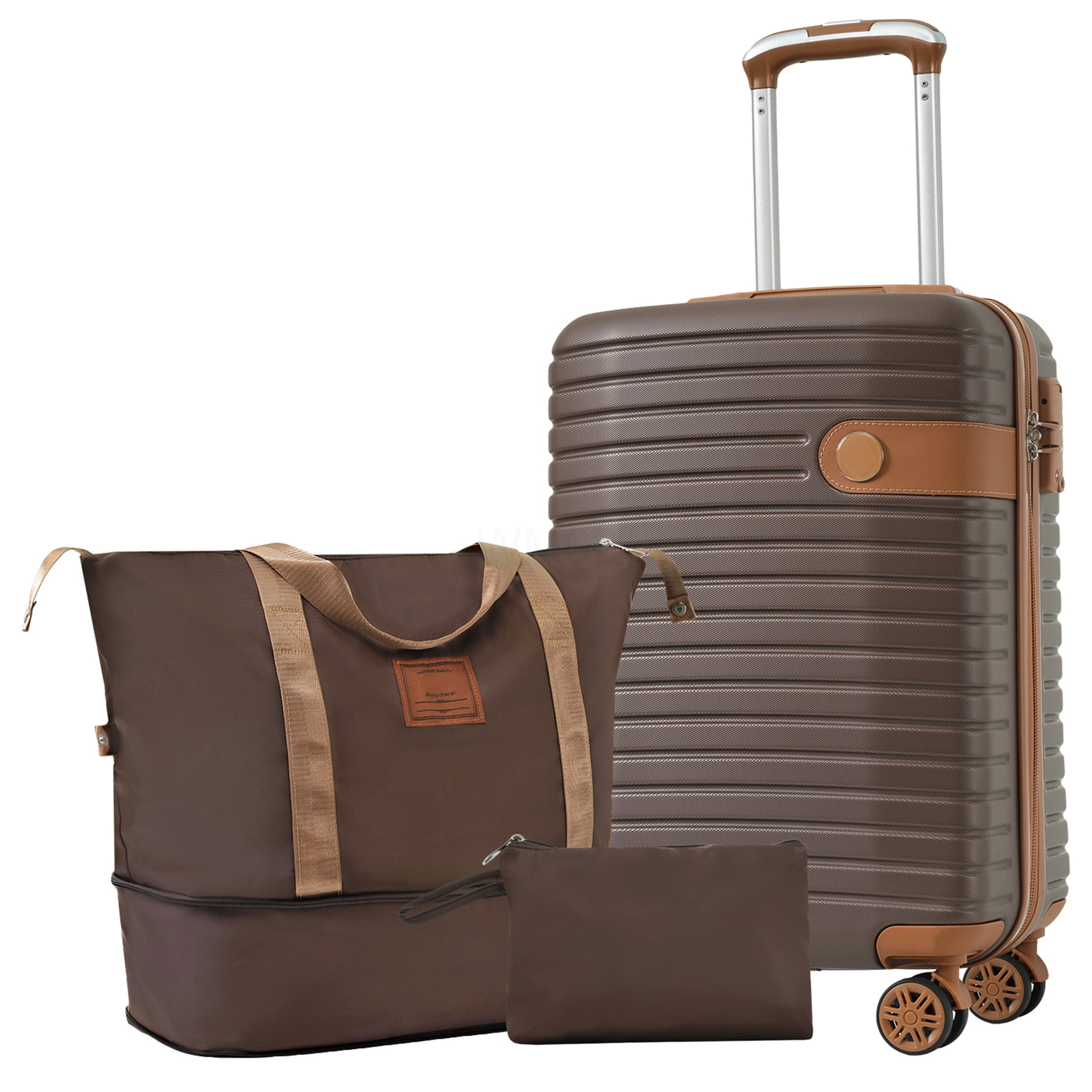 3-Piece Brown ABS Hardshell Luggage Set with Spinner Wheels, TSA Lock & Weekender Bag