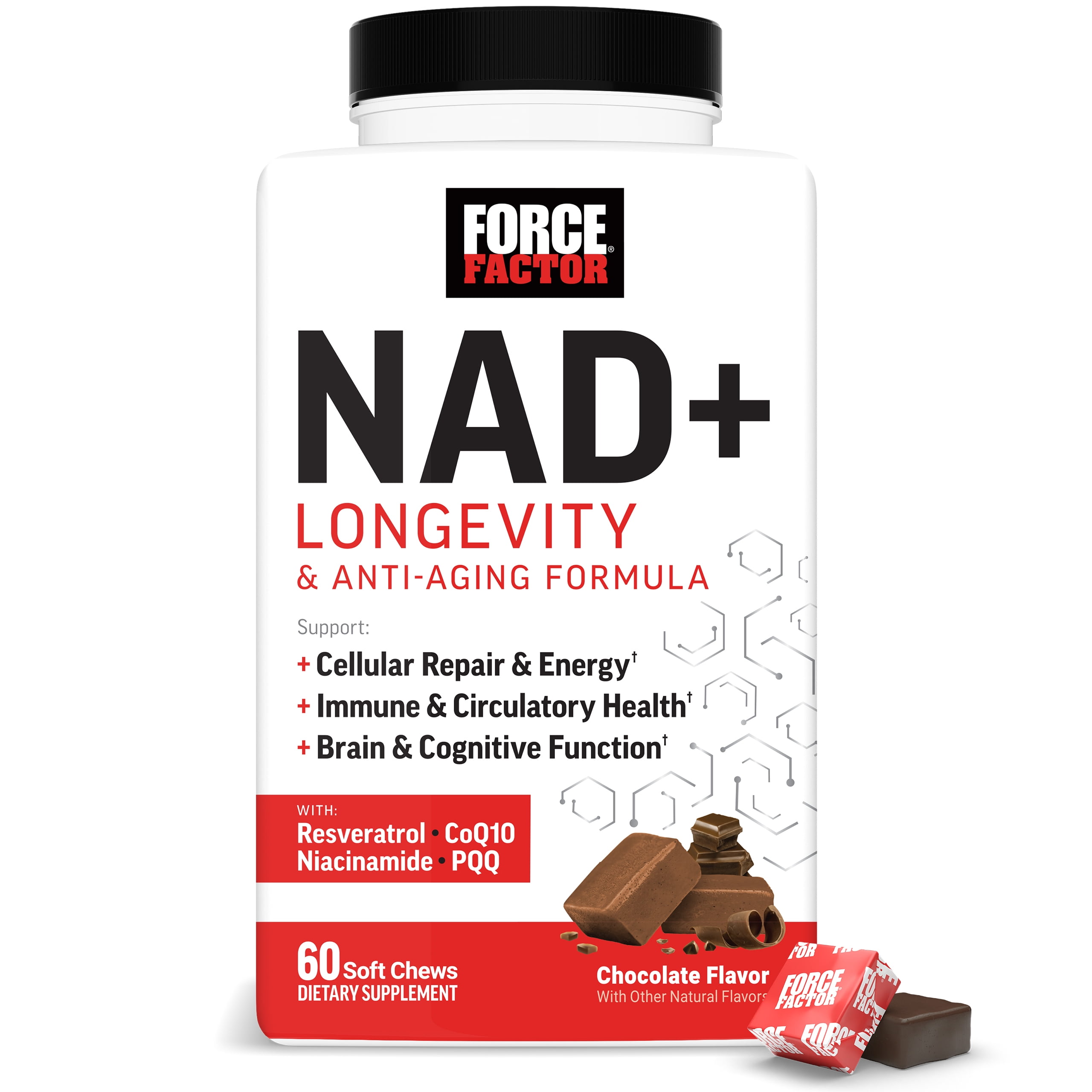 Force Factor NAD+ Longevity, Healthy Aging NAD Supplement, Resveratrol & Nicotinamide for Cellular Energy & Cognitive Health, Chocolate, 60 Soft Chews
