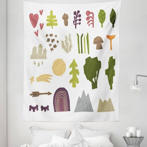 Woodland Tapestry, Mountains and Arrows Plant of Foliage Hand-drawn Cartoon Style Colorful Art, Fabric Wall Hanging Decor for Bedroom Living Room Dorm, 5 Sizes, Multicolor, by Ambesonne