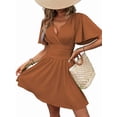 thumbnail image 3 of Women'S Ruched V Neck High Waist Casual Short Sleeve A-Line Dress Caramel Color M, 3 of 9