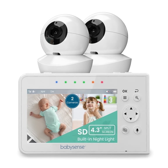Babysense Split Screen Video Baby Monitor, 4.3" Display with 2 Ptz Cameras, Long Range, Night Light & Vision, Two-Way Talk, V43