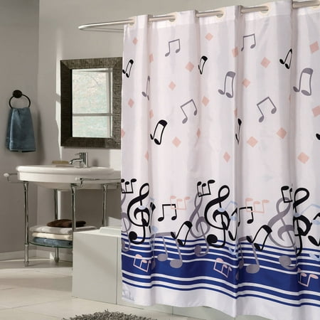 - EZ On Fabric Shower Curtain, Blue Music Note with Built in Hooks, 70