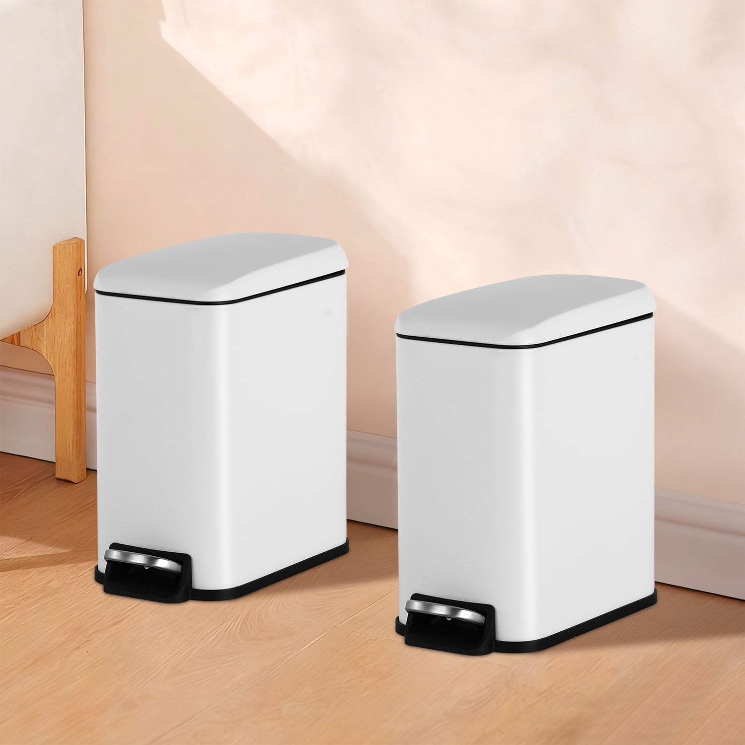 5 L / 1.3 Gallon Trash Can with Lid,Step Pedal Trash Bin Slim Trash Can Stainless Steel Garbage Can with Removable Inner Bucket for Small Spaces, White (2 Pack)