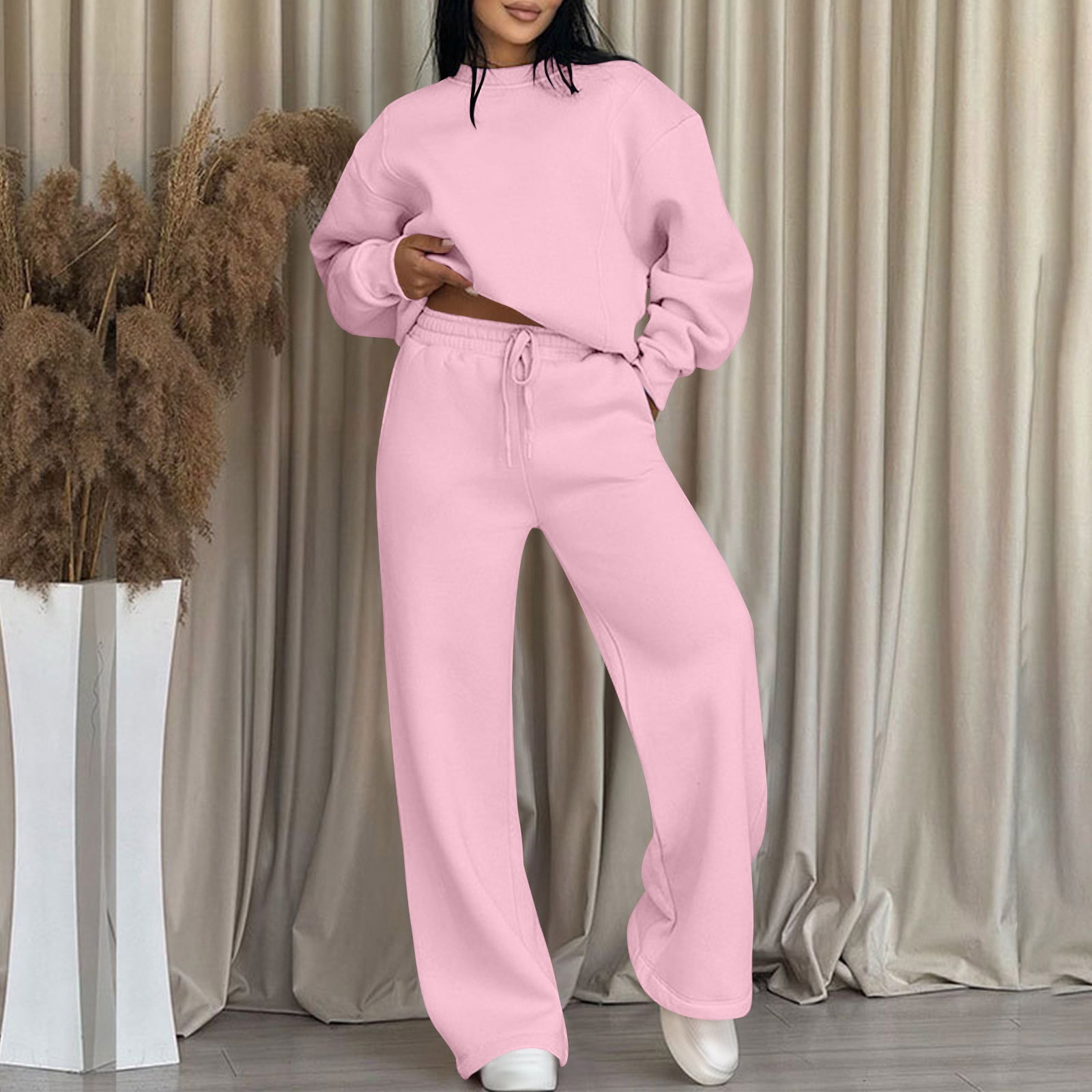 Women's 2 Piece Sweat Suit Jogger Set Tracksuit Solid Color Casual Loose Hoodie Sweatshirt and Pants Lounge Set