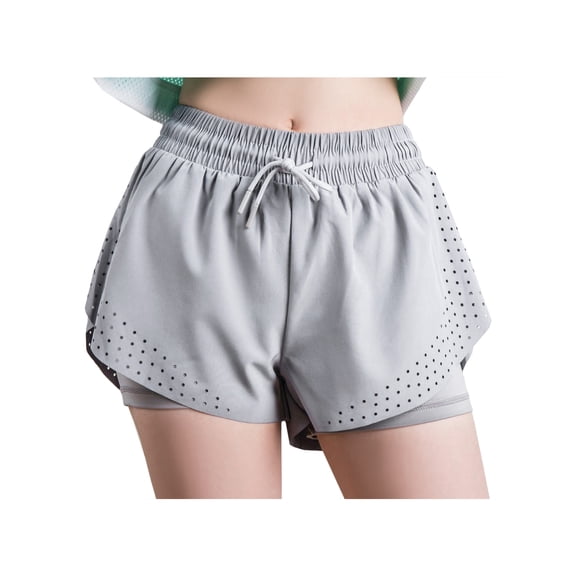 Women's Running Shorts Double Layer Hollow Out Fitness Yoga Workout Athletic Shorts, Grey, Large