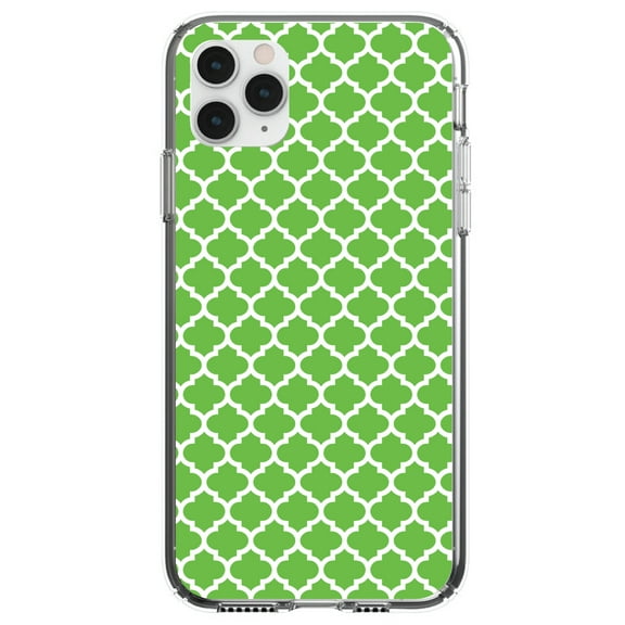 DistinctInk Clear Shockproof Hybrid Case for iPhone 13 (6.1" Screen) - TPU Bumper, Acrylic Back, Tempered Glass Screen Protector - Green White Moroccan Lattice