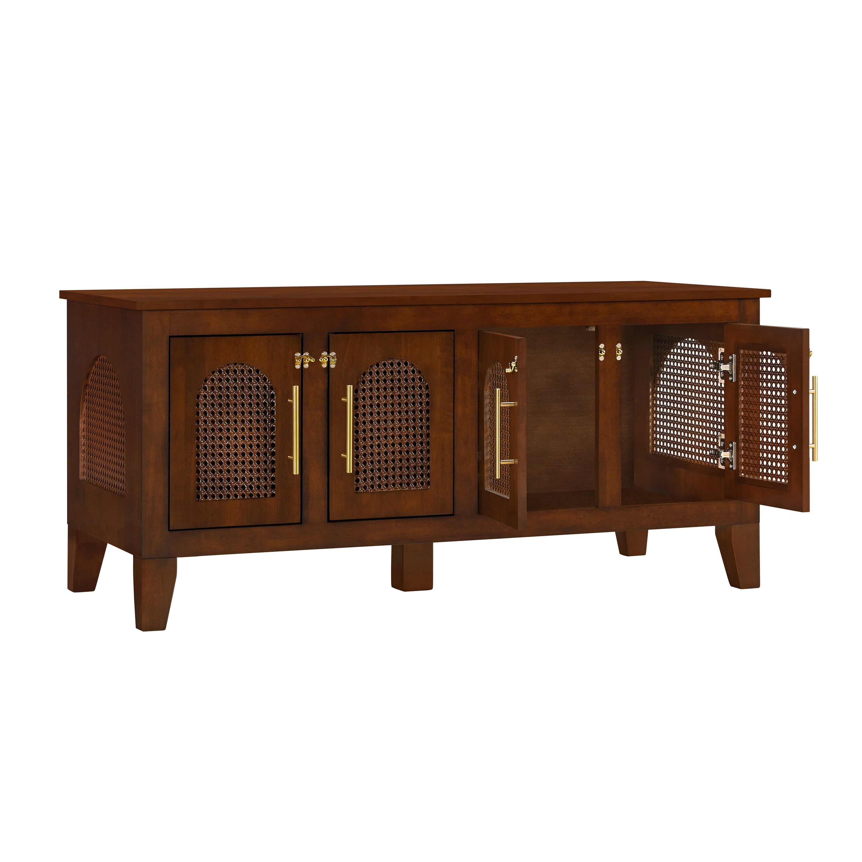 Indoor Rattan Decorated Rubber Wood Dog Crate Cabinet Furniture, Stylish Pet Kennel with 4 Doors for Living Room