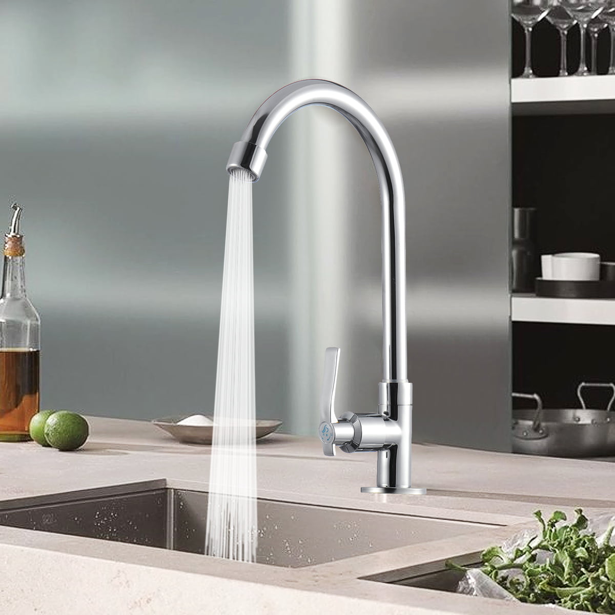 Kitchen Sink Faucet Single Cold Tap Swivel Spout Bathroom Drink Water Wall Tap 