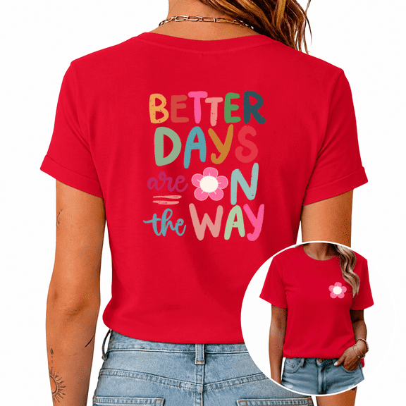 UNISHE Women's Red Chest Flower Back Text Graphic Short Sleeve T-Shirt Summer Top