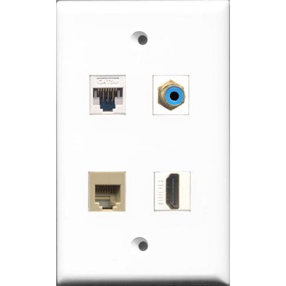 RiteAV 1 Port HDMI and 1 Port RCA Blue and 1 Port Phone RJ11 RJ12 Beige and 1 Port Cat5e Ethernet White Wall Plate