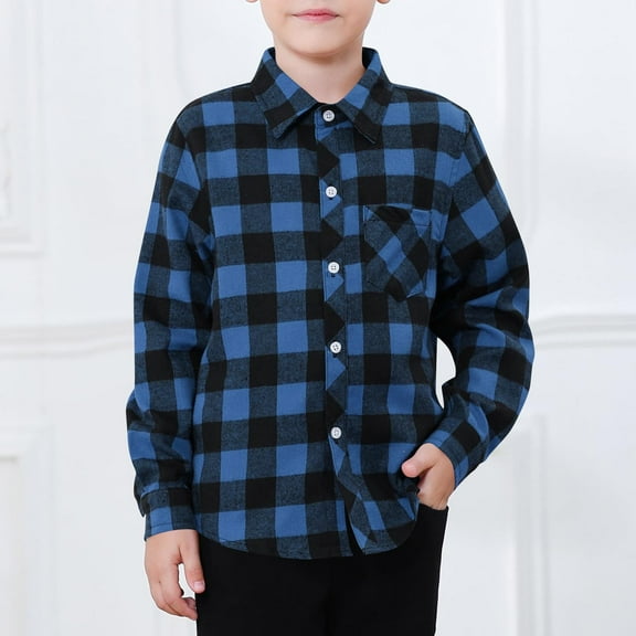 Eltusu Boys Plaid Shirts, Spring Fall Long Sleeve Lapel Collar Casual Button-Down Shirts Blue Size 3-9 T