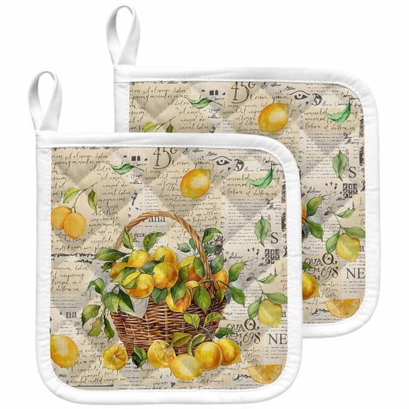 Summer Lemon Pot Holders for Kitchen Heatproof Potholder, 2 Pack Watercolor Yellow Fruits Botanical Vintage Hot Pads Multipurpose Oven Pads Cloth Potholders Trivet for Cooking and Baking
