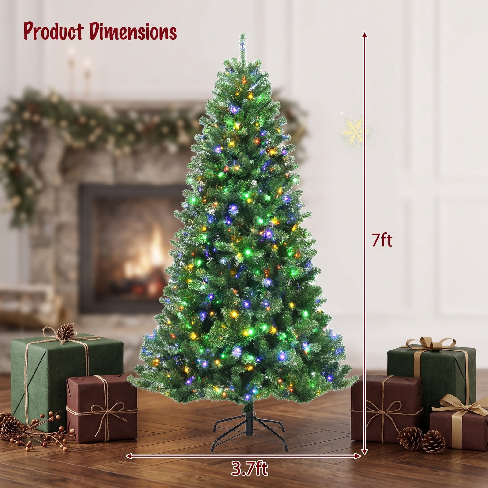 RUIE 7FT Artificial Pre-Lit Hinged Christmas Tree with 500 Remote-Controlled Color-Changing LED Lights, 1181 Tips Full Holiday Xmas Tree with Metal Stand, Green