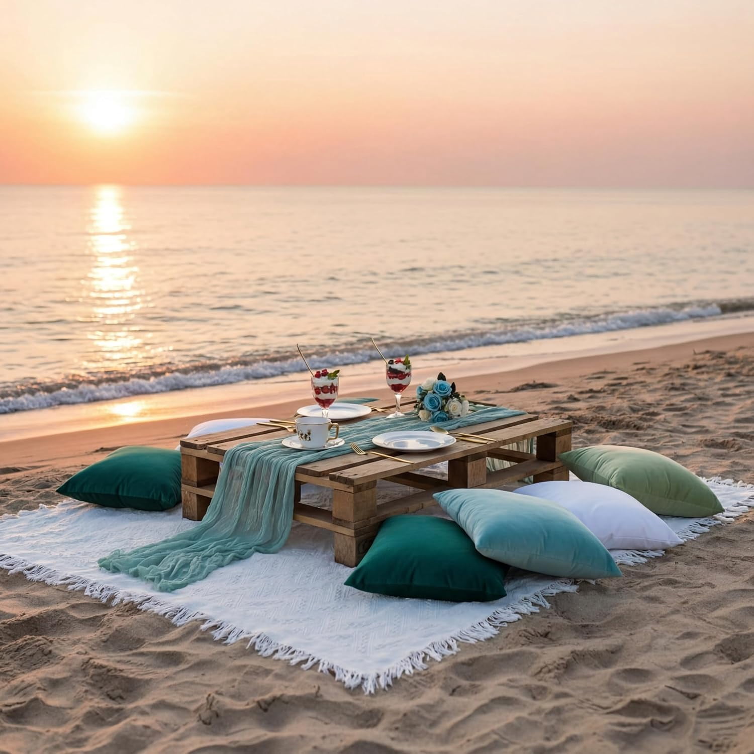 10 Pcs 71''x102'' Extra Large White Outdoor Boho Picnic Blanket with Green Table Runner 8 Throw Pillow Cover Oversized Washable Portable Beach Blanket for Valentine Picnic Camp Lawn Wedding