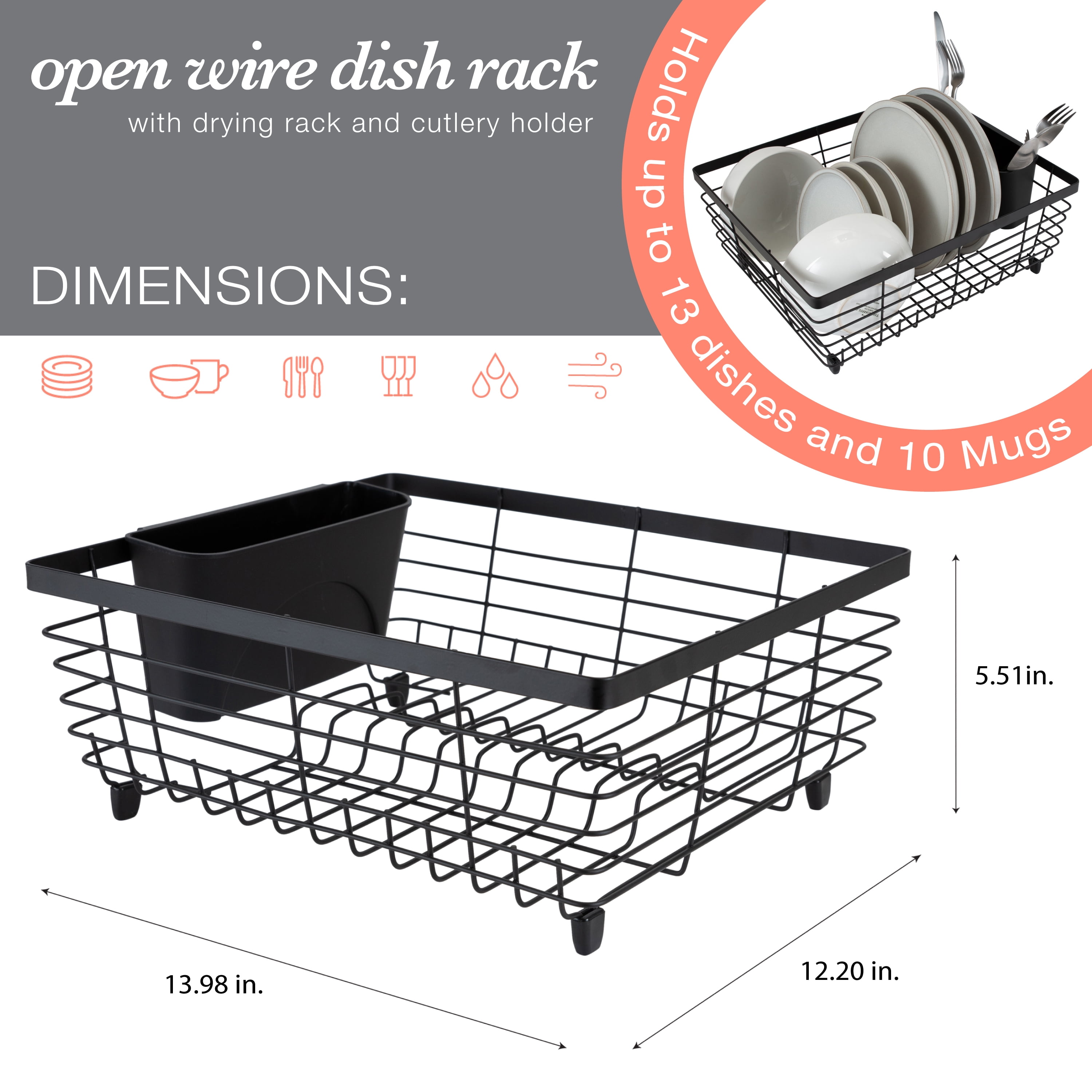 Matte Black Coated Metal Wire Kitchen Dish Drying Rack, Dinner