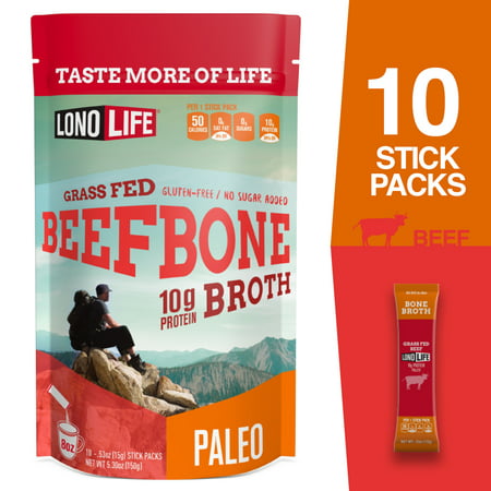 LonoLife Grass-Fed Beef Bone Broth Powder with 10g Protein, Paleo and Keto Friendly, Stick Packs, 10