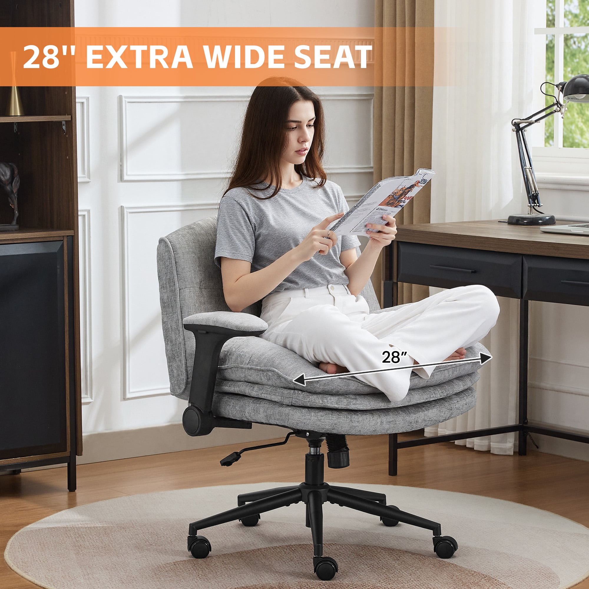 DOMICARE Criss Cross Chair with Flip-Up Arms, Wide Cross-Legged Office Chair with Wheels, Swivel Vanity Desk Chair, Gray Chenille