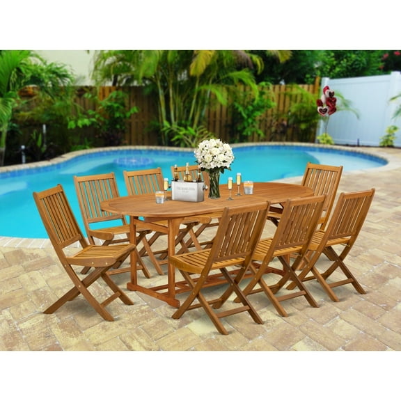HomeStock African Artifacts 9-Piece Patio Set- 8 Modern Chairs Slatted Back And Outdoor Coffee Table And Round Top With Wood 4 Legs - Natural Oil Finish