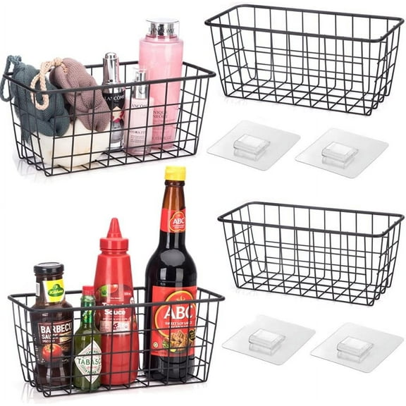 HZY Hanging Kitchen Baskets Adhesive Sturdy Wire Storage Baskets with Kitchen Food Pantry Bathroom Shelf Storage No Drilling Wall Mounted,Black,4 Pack