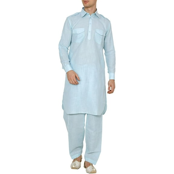 Royal Kurta Men's Linen Pathani Suit Blue
